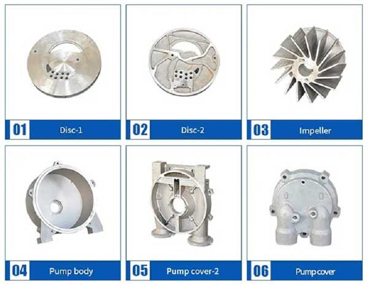 Original supplied component reference showing discs, impeller, pump body and covers